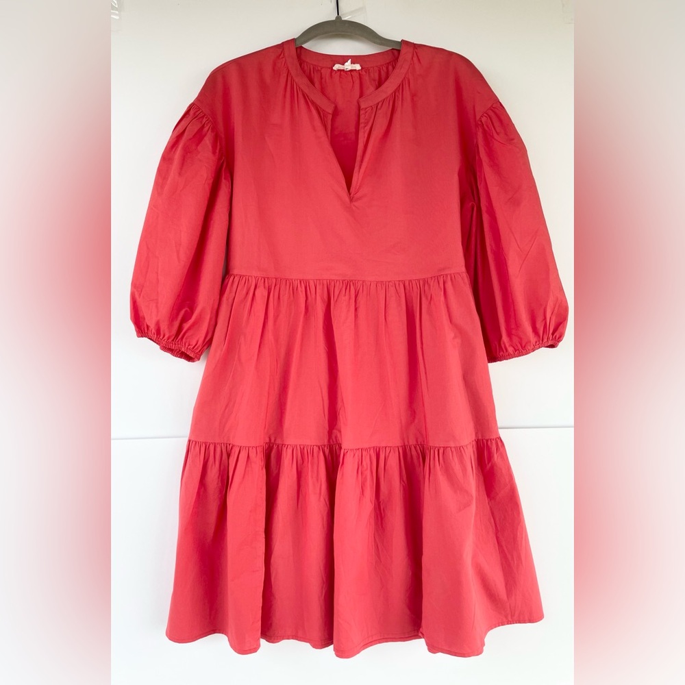 Sundry Coral Red Puff Sleeve Tiered Mini Dress